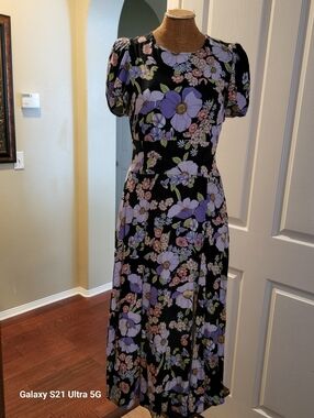 AFRM Black Floral Open-Back Midi Dress with Lavender and Pink Blooms
